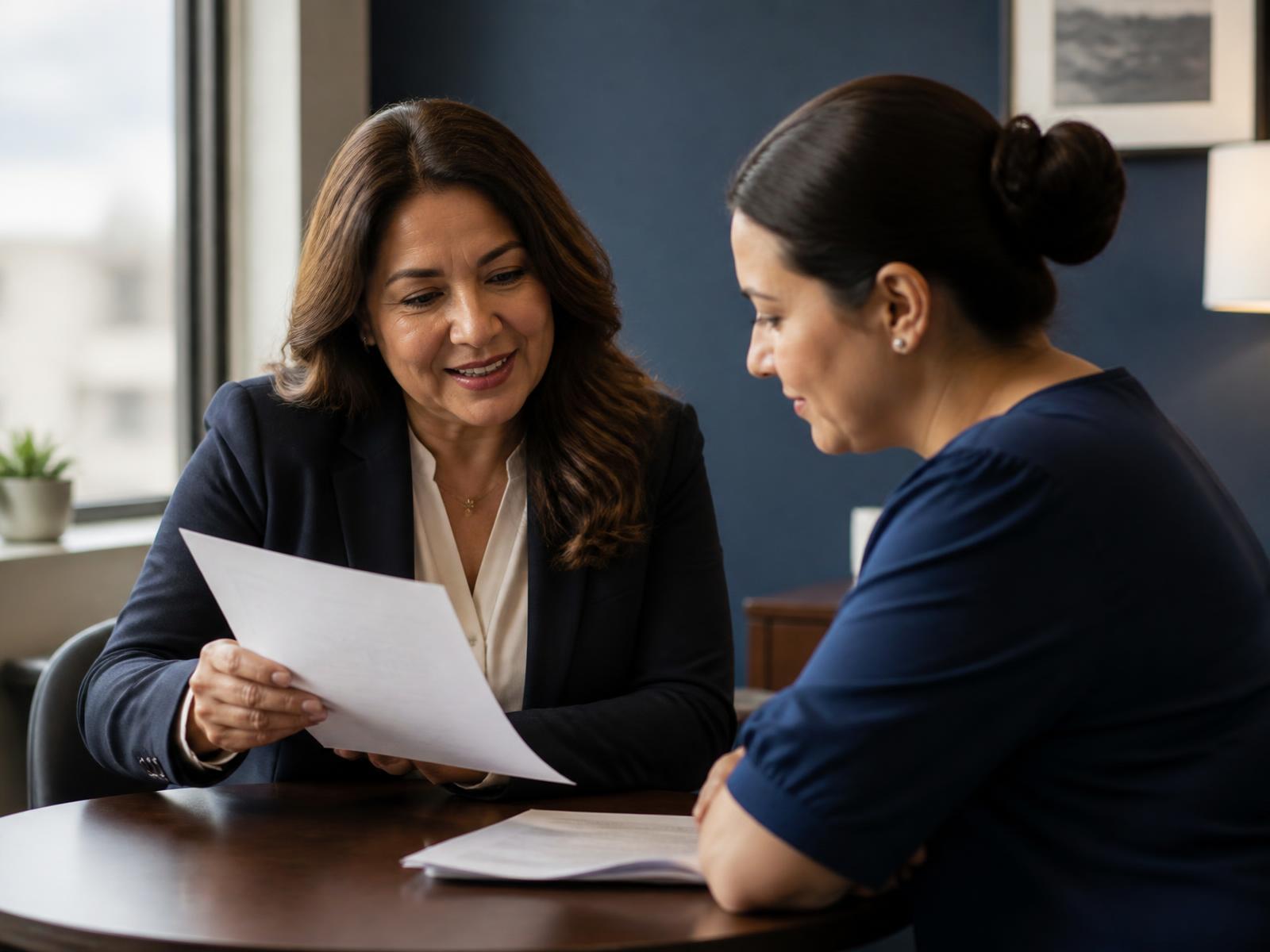 A bilingual benefit counselor explaining a plan document to an employee across a table